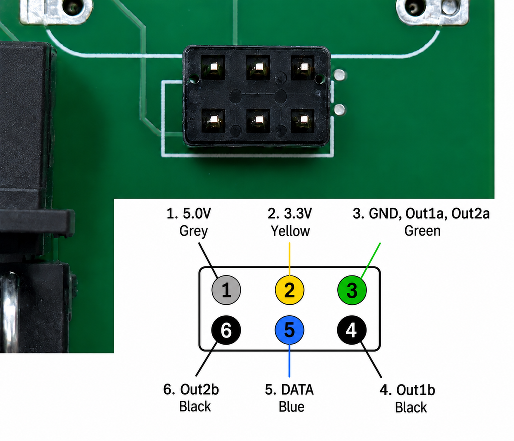 Softub board J10 connector pinout, pins 1 through 6